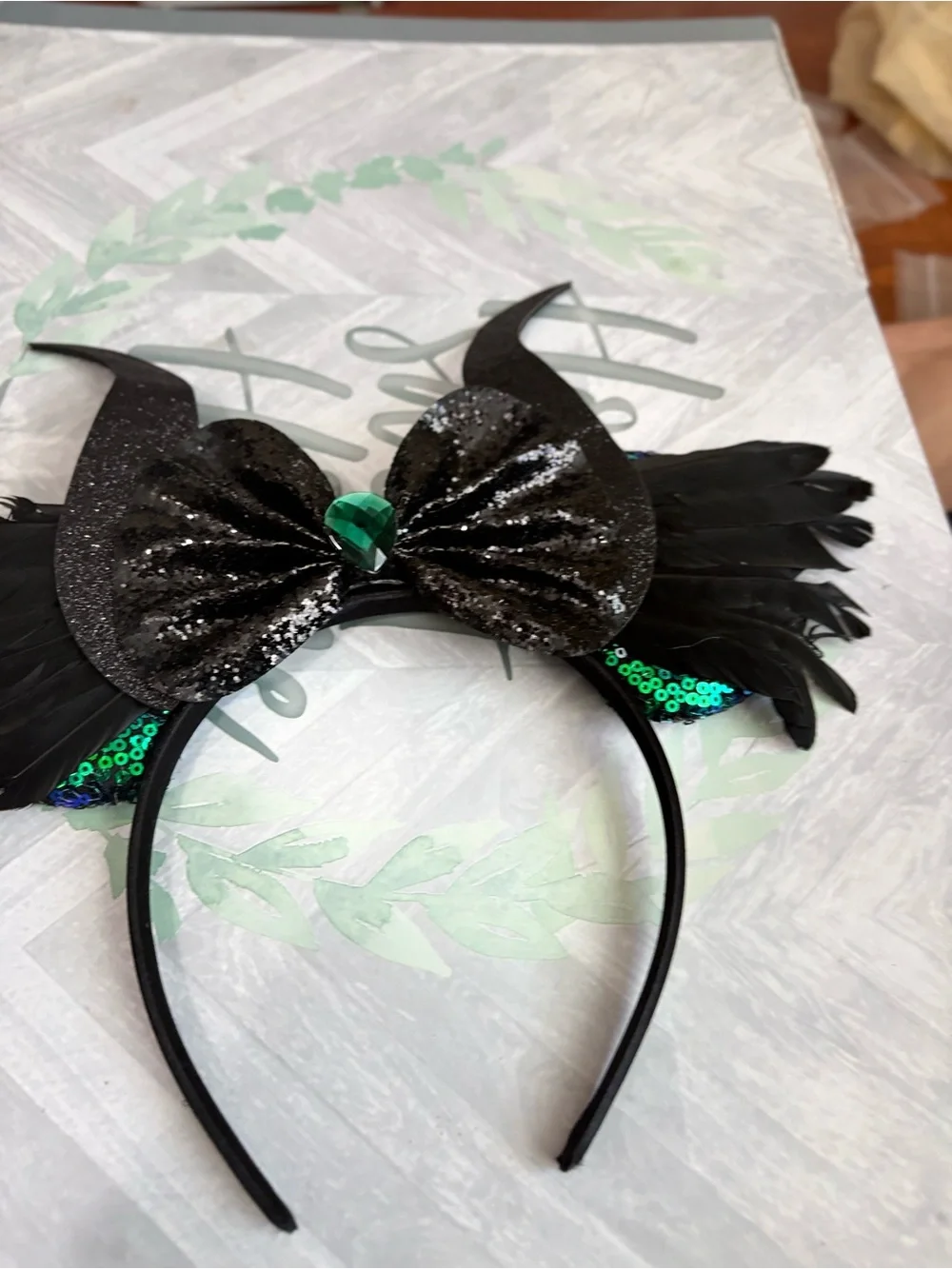 Maleficent Inspired Mouse Ears Headband Black Horns Green Sequins Feathers